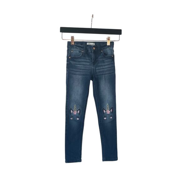 Revery Pants Girls Blue Denim Jeans Embroidered Unicorn Mid Rise Skinny Size 6 - Picture 1 of 6